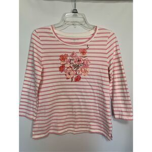 Talbots Women's Floral Stripe Crew Neck 3/4 Sleeve Top Pink White Petite Size SP